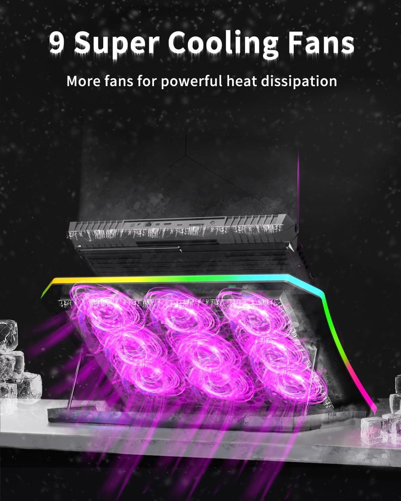 KeiBn Laptop Cooling Pad, Gaming Laptop Fan Cooling Pad with 9 Quiet Fans, RGB Laptop Cooler for 15.6-17.3 Inch, Cooling Pad for Laptop with 7 Height Stands, 2 USB Ports, Phone Stand-Purple - Image 2